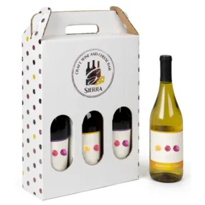 Custom Bottle Carriers with Display Window by First Custom Packaging showing premium wine bottles in custom packaging