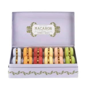 Custom Fancy Macaron Boxes with colorful macarons inside a premium pink box, designed by First Custom Packaging.