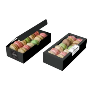 Custom Food Grade Macaron Boxes with a transparent window showcasing colorful macarons inside, designed by First Custom Packaging.