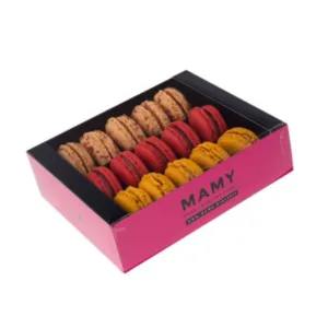 Custom Food Grade Macaron Boxes with a transparent window showcasing colorful macarons inside, designed by First Custom Packaging.