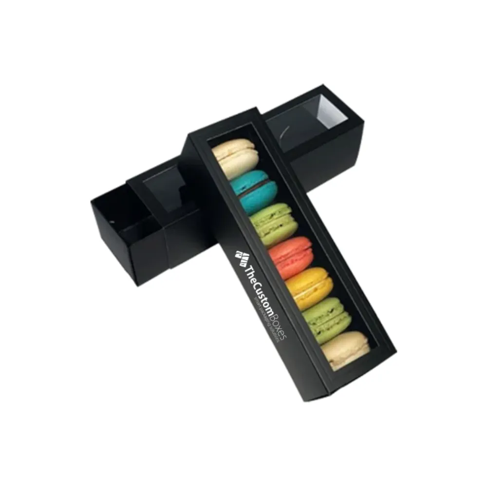 custom-food-grade-macaron-boxes-5_result Custom Food Grade Macaron Boxes with a transparent window showcasing colorful macarons inside, designed by First Custom Packaging.