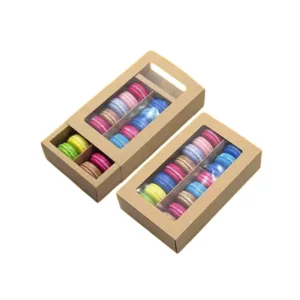 Custom French Macaron Boxes featuring colorful macarons in a golden and patterned box, designed by First Custom Packaging.